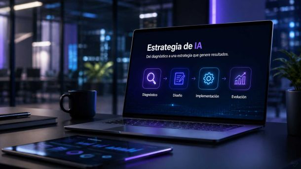 Notebook sobre un escritorio de oficina mostrando las cuatro etapas de una estrategia de IA: diagnóstico, diseño, implementación y evolución.